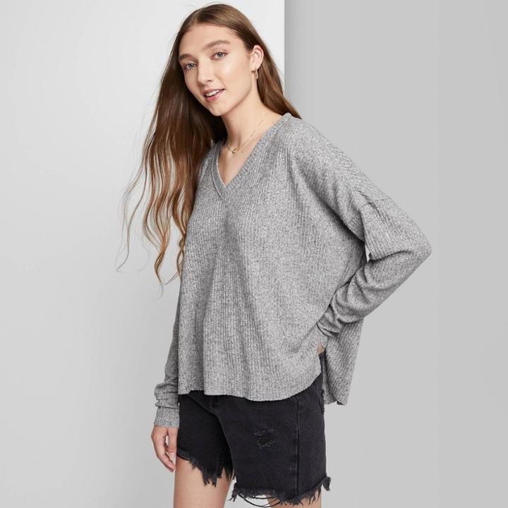 Women's Long Sleeve V-neck Cozy Rib T-shirt - Wild Fable Gray