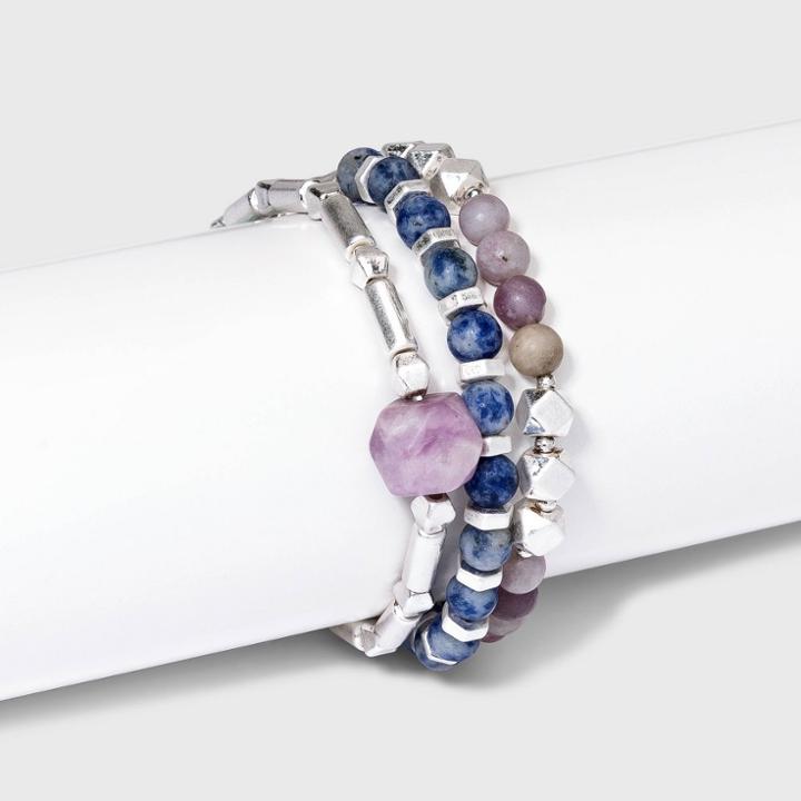 Semi-precious Lepidolite And Pink Aventurine In Silver Stretch Bracelet Set 3pc - Universal Thread