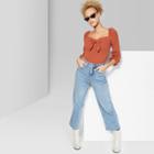 Women's Puff Long Sleeve V-neck Front Knot Top - Wild Fable Rust (red)