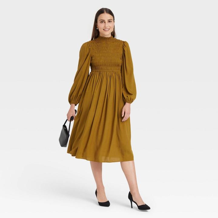 Women's Long Sleeve Smocked Bodice Dress - A New Day Olive