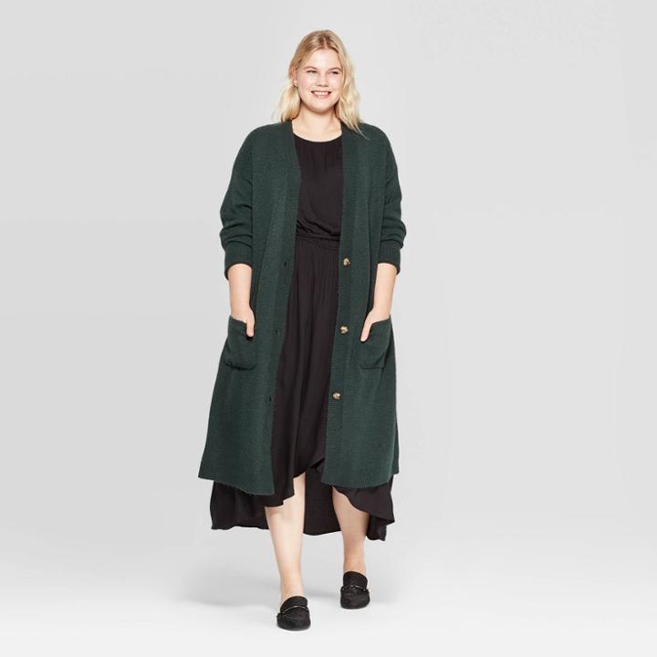 Women's Plus Size Long Sleeve Open Layering Duster Cardigan - Ava & Viv Dark Green X, Women's