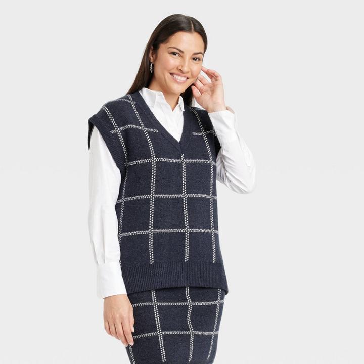 Women's V-neck Sweater Vest - A New Day Navy Blue Windowpane