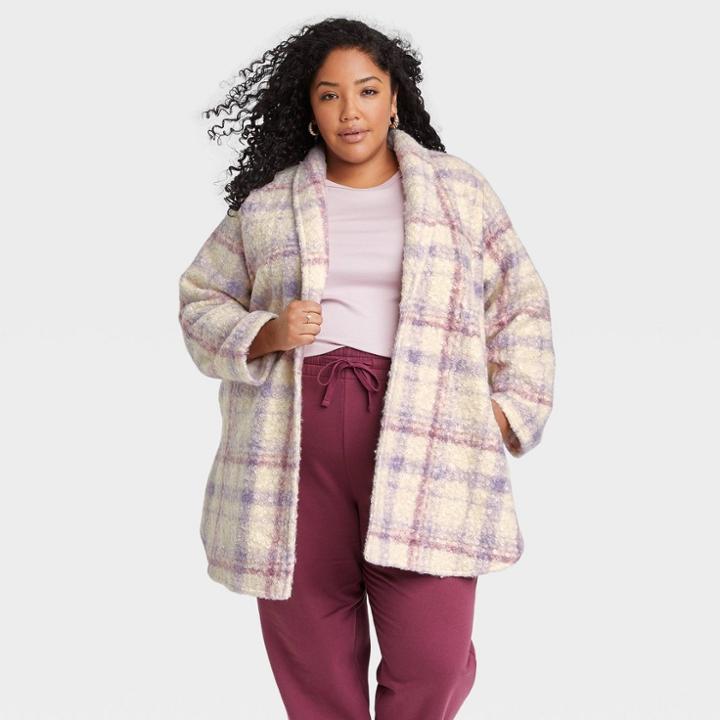 Women's Plus Size Cardigan Coat - Ava & Viv Lavender Plaid X, Purple Plaid
