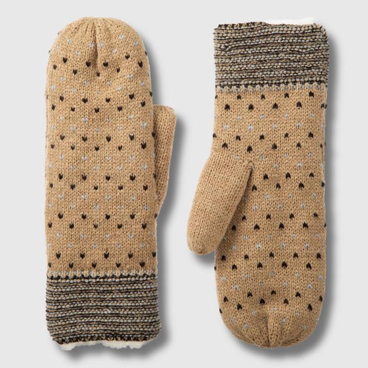 Isotoner Women's Smartdri Birdseye Knit Mitten With Sherpasoft Spill - Camel One Size, Ivory