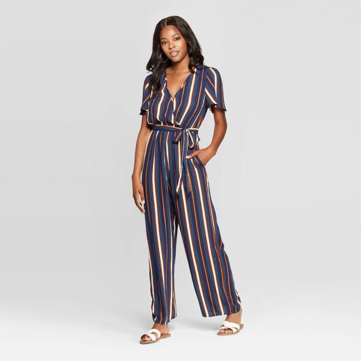 Women's Striped Short Sleeve Deep V-neck Wide Leg Wrap Jumpsuit - Xhilaration Navy