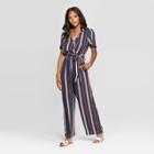 Women's Striped Short Sleeve Deep V-neck Wide Leg Wrap Jumpsuit - Xhilaration Navy