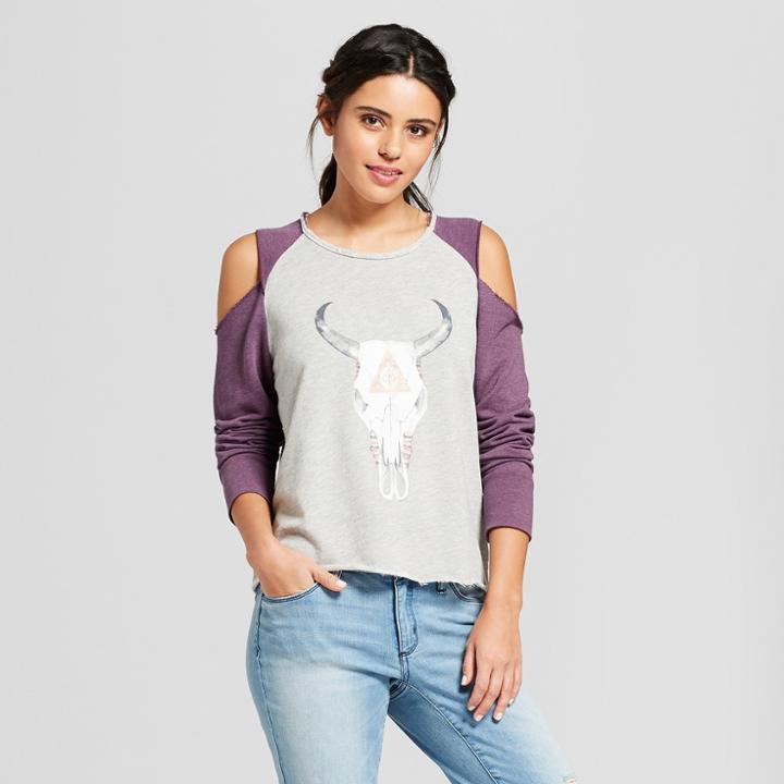 Women's Longhorn Skull Cold Shoulder Pullover Raglan Graphic Sweatshirt - Grayson Threads (juniors') Heather Gray M,