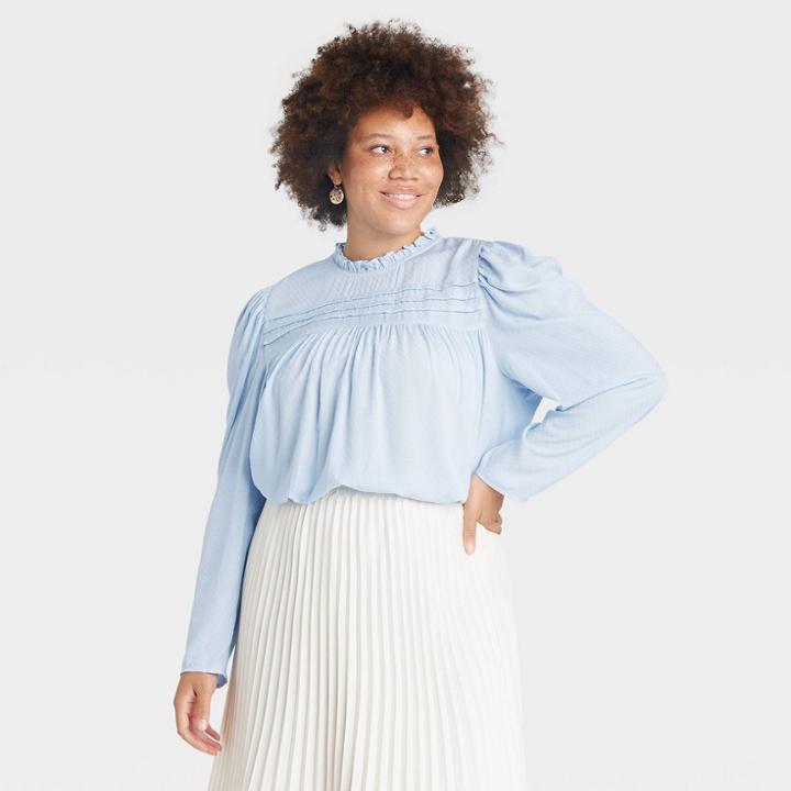 Women's Plus Size Long Sleeve Pintuck Top - A New Day Blue