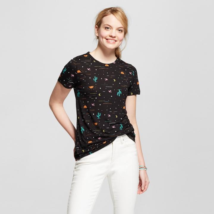 Women's Desert Night Cactus Short Sleeve Crew Neck T-shirt - Modern Lux (juniors') - Black