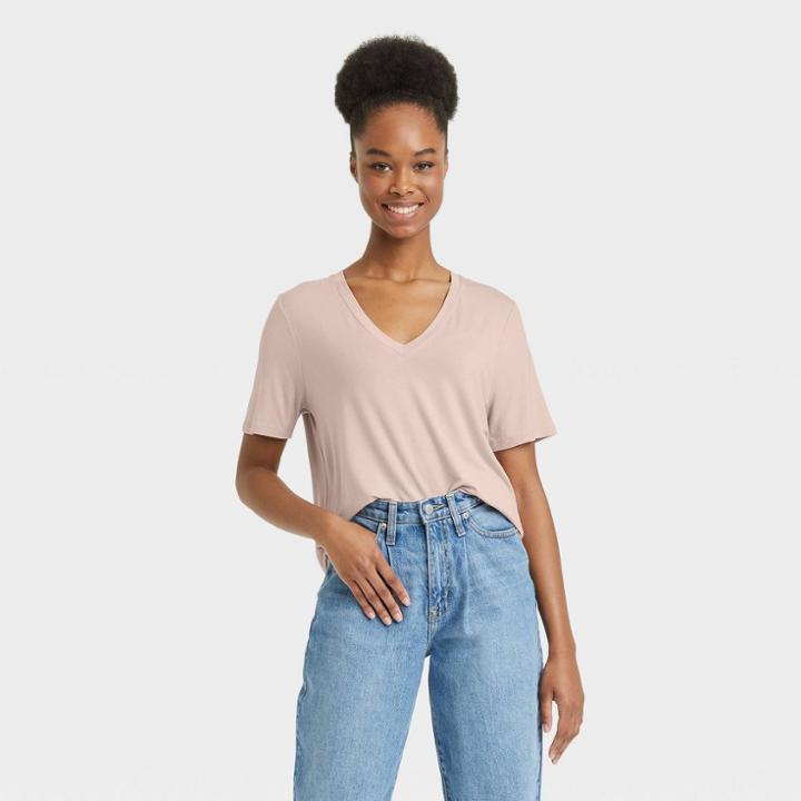 Women's Short Sleeve V-neck Drapey T-shirt - A New Day Beige
