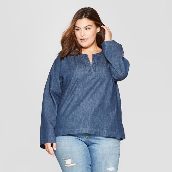 Women's Plus Size Long Sleeve Woven Denim Top - Universal Thread Dark Wash X, Purple