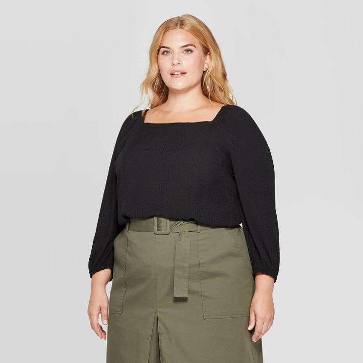 Women's Plus Size Long Sleeve Square Neck Blouse - Ava & Viv Black X