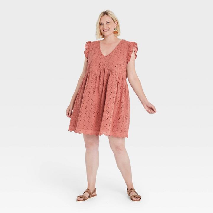 Women's Plus Size Flutter Short Sleeve Eyelet Dress - Knox Rose Coral