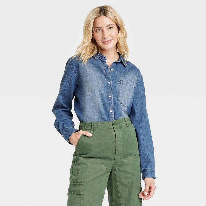 Women's Long Sleeve Classic Fit Button-down Shirt - Universal Thread Blue Denim
