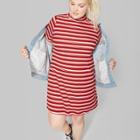 Women's Plus Size Short Sleeve Striped Mock Neck Rib Knit Dress - Wild Fable Red