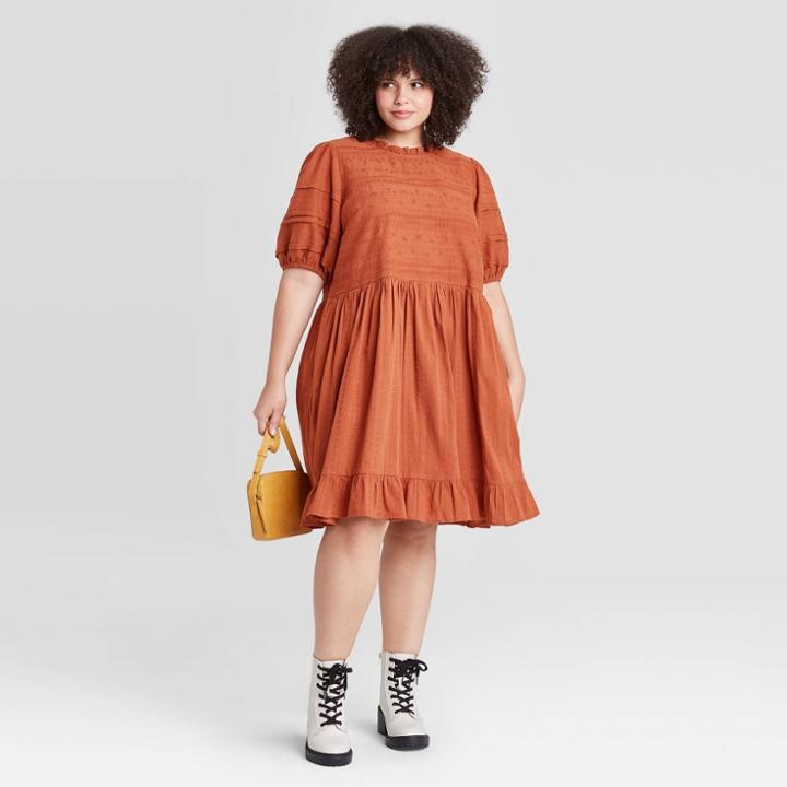 Women's Plus Size Puff Short Sleeve Eyelet Dress - Universal Thread Rust