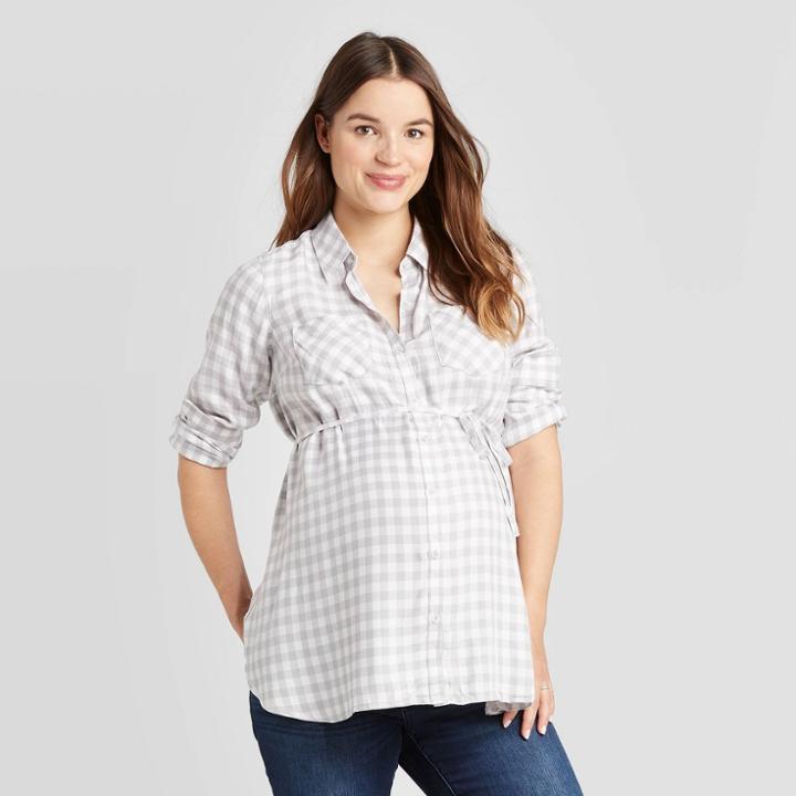 Maternity Plaid Long Sleeve Woven Popover Tunic Top - Isabel Maternity By Ingrid & Isabel Gray