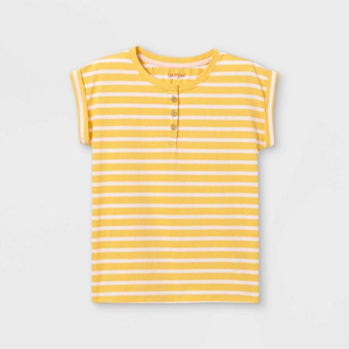 Girls' Short Sleeve Striped Henley T-shirt - Cat & Jack Light Mustard/white