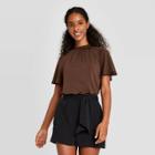 Women's Raglan Short Sleeve Smocked Top - A New Day Brown