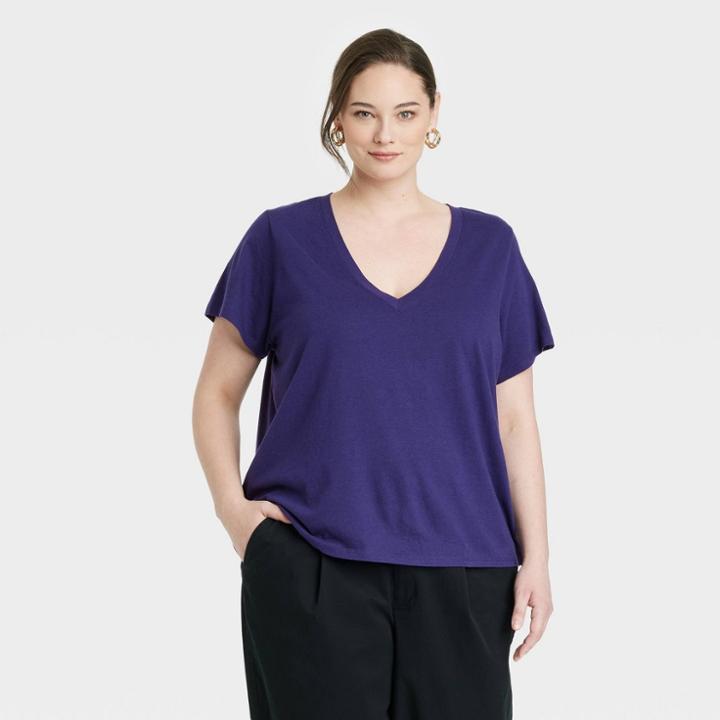 Women's Plus Size Short Sleeve V-neck T-shirt - A New Day Navy Blue