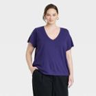 Women's Plus Size Short Sleeve V-neck T-shirt - A New Day Navy Blue