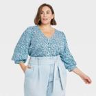 Women's Plus Size Floral Print 3/4 Sleeve Voile Top - A New Day Blue