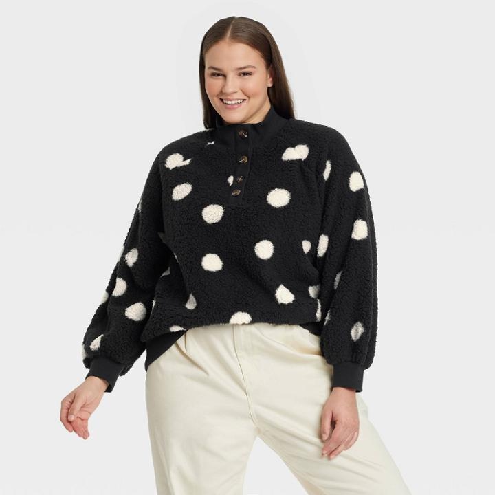 Women's Plus Size Henley Neck Pullover Sweater - Who What Wear Black Polka Dots