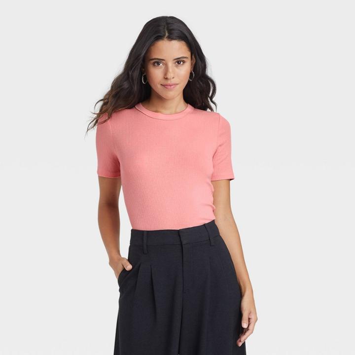 Women's Short Sleeve Ribbed T-shirt - A New Day Peach Orange