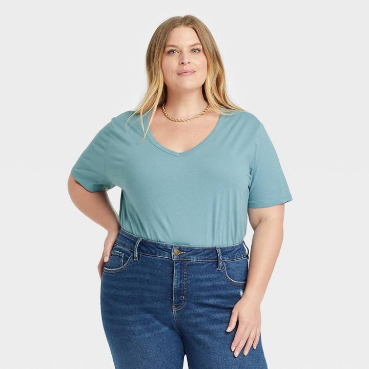 Women's Plus Size Short Sleeve V-neck Slim Fit Essential T-shirt - Ava & Viv Teal