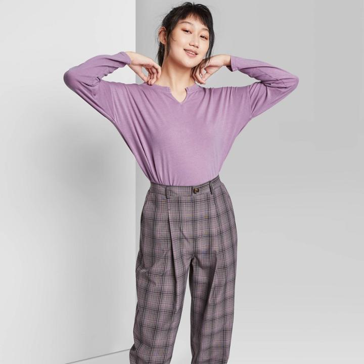 Women's Long Sleeve V-neck Notch Front Cropped Boxy T-shirt - Wild Fable Purple