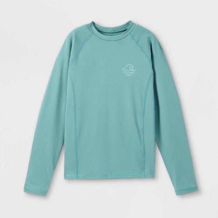 Boys' Raglan Wave Print Long Sleeve Rash Guard Swim Shirt - Art Class Teal