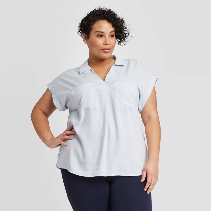 Women's Plus Size Short Sleeve Collared Knit Woven Blouse - Ava & Viv Light Blue 1x, Women's,