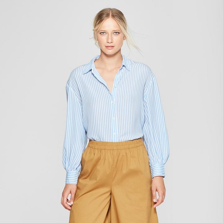 Women's Striped Long Puff Sleeve Button-up Shirt - Who What Wear Blue/white L, Blue/white