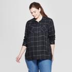 Women's Plus Size Plaid Long Sleeve Collared Button-down Shirt - Ava & Viv Black