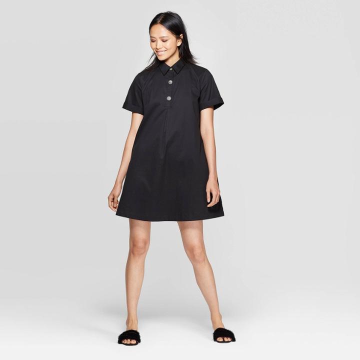 Petitewomen's Short Sleeve Collared Trapeze Mini Shirtdress - Who What Wear Jet Black