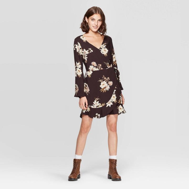Women's Floral Print V-neck Long Sleeve Wrap Mini Dress - Xhilaration Black