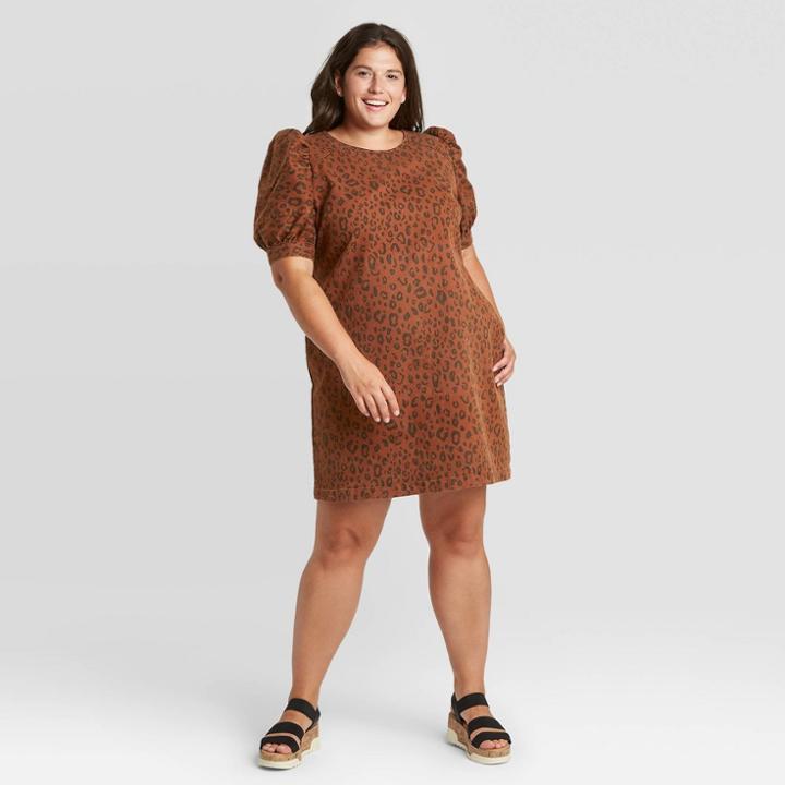 Women's Plus Size Leopard Print Puff Short Sleeve Structured Denim Dress - Universal Thread Brown