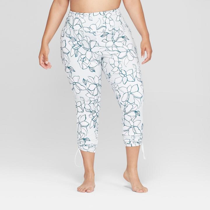 Women's Plus Size Floral Print Comfort 7/8 High-waisted Leggings With Adjustable Length - Joylab Mediterranean Blue Cool