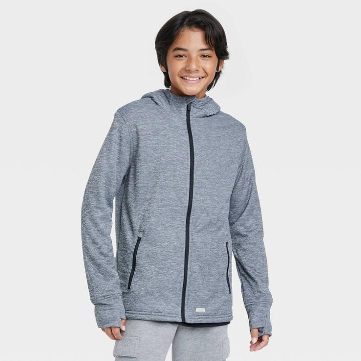 Boys' High Pile Fleece-lined Full Zip Hooded Sweatshirt - All In Motion Heathered Black