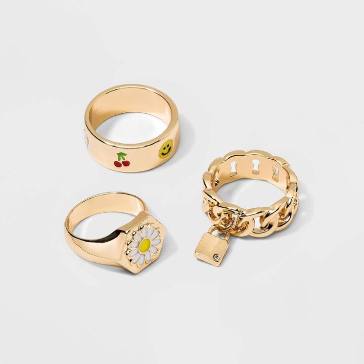 Daisy Lock And Mixed Icon Enamel Ring Set 3pc - Wild Fable 6-8, Gold/grey/white