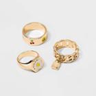 Daisy Lock And Mixed Icon Enamel Ring Set 3pc - Wild Fable 6-8, Gold/grey/white