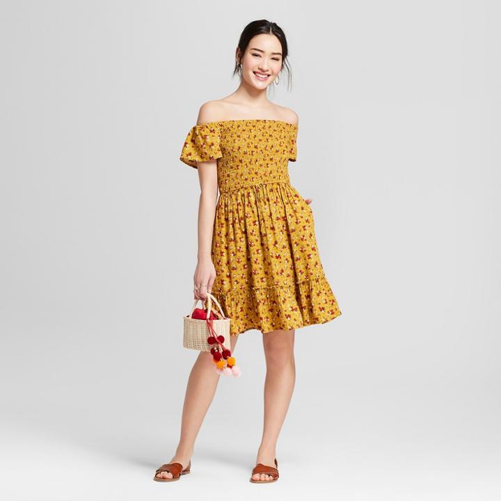 Women's Off The Shoulder Smocked Floral Dress - Xhilaration Mustard (yellow)