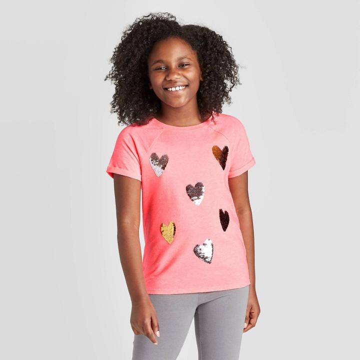 Petitegirls' Short Sleeve Hearts Flip Sequin T-shirt - Cat & Jack Neon Coral Xs, Girl's,
