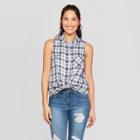 Women's Plaid Sleeveless Collared Button Front Blouse - Knox Rose Blue