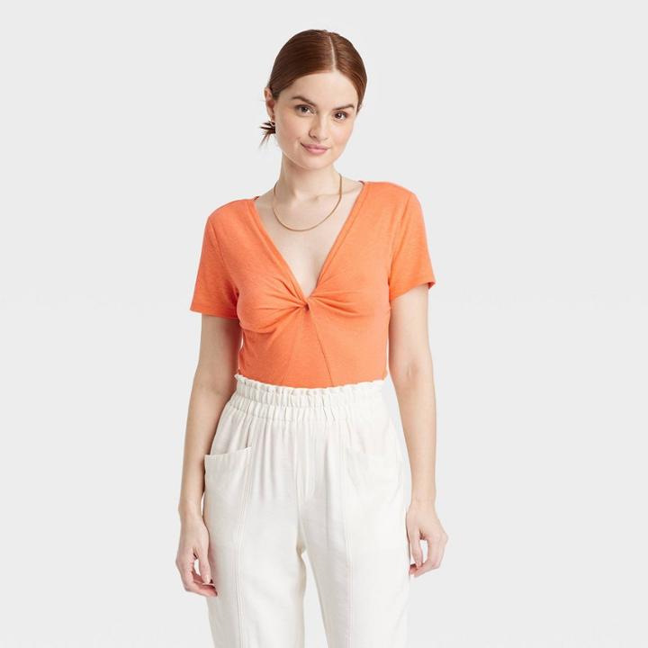 Women's Short Sleeve V-neck Linen T-shirt - A New Day Orange