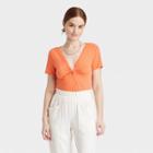 Women's Short Sleeve V-neck Linen T-shirt - A New Day Orange