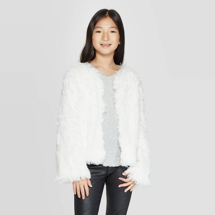 Girls' Open Front Fuzzy Cardigan - Art Class White Xs, Girl's, Beige