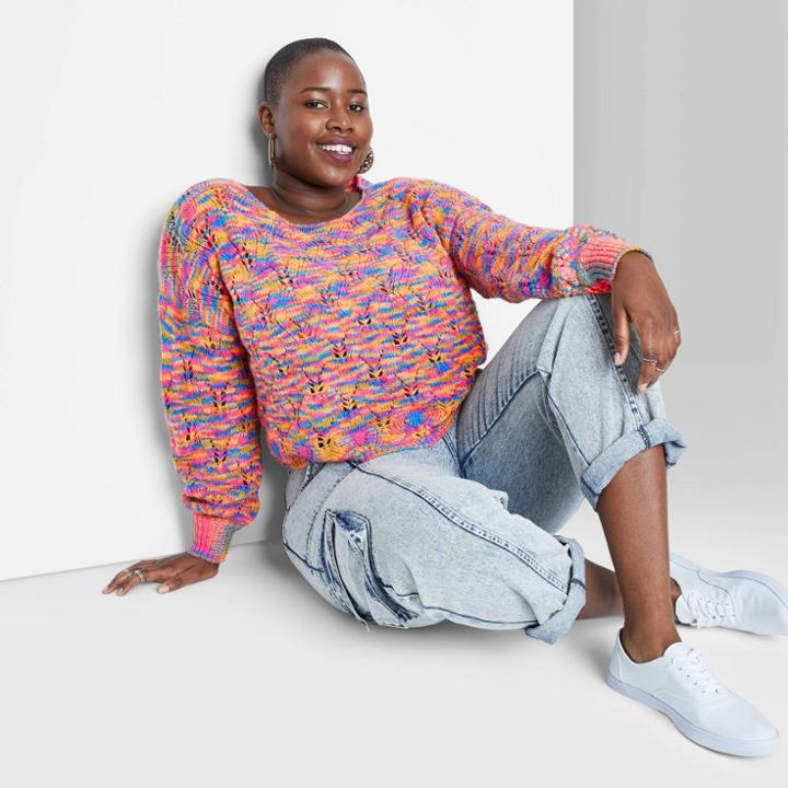 Women's Plus Size Spacedye Boat Neck Pointelle Knit Pullover Sweater - Wild Fable 1x,