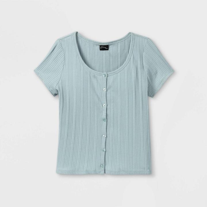 Girls' Ribbed Button-front Short Sleeve T-shirt - Art Class Blue