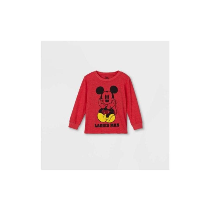 Toddler Boys' Mickey Mouse Valentine's Day Long Sleeve Graphic T-shirt - Red